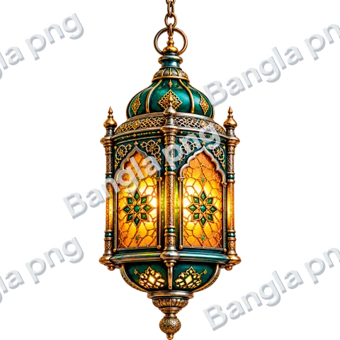Emerald green and gold Islamic lantern PNG with ornate metalwork and glowing amber geometric glass panels.