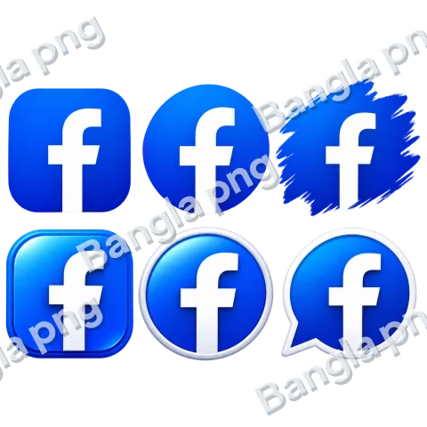 Six Facebook logo PNG icons featuring blue square, circular, glossy 3D, and creative brush-style designs on a transparent background.