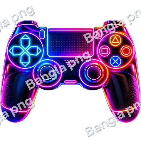 Neon RGB gaming controller PNG with glowing blue, pink, purple, and orange lights on a transparent background.