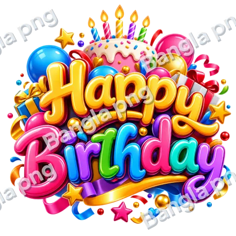 Colorful Happy Birthday 3D PNG with glossy multicolor lettering, balloons, birthday cake, candles and transparent background.