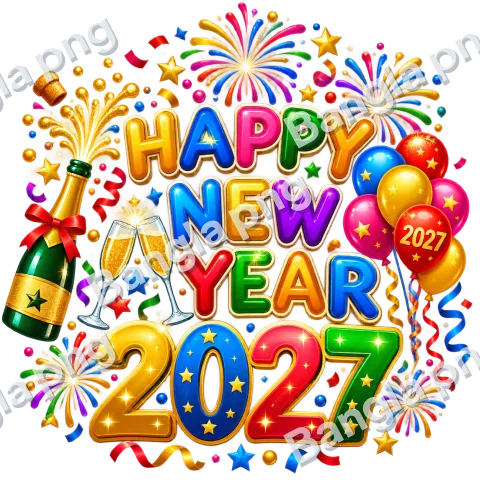 Happy New Year 2027 PNG with colorful 3D text, golden champagne bottle, balloons, fireworks, and confetti on a transparent background.