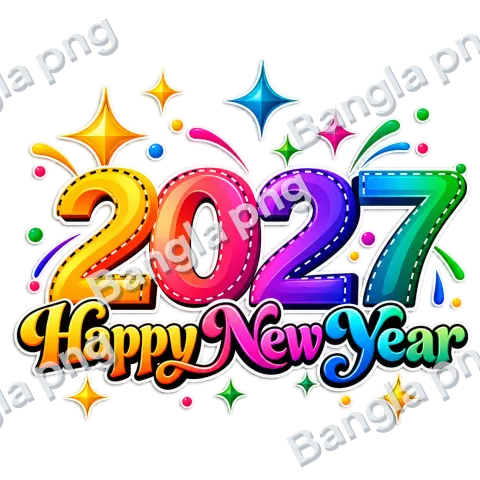 Happy New Year 2027 colorful 3D typography PNG with gradient numbers, decorative stars, and transparent background.