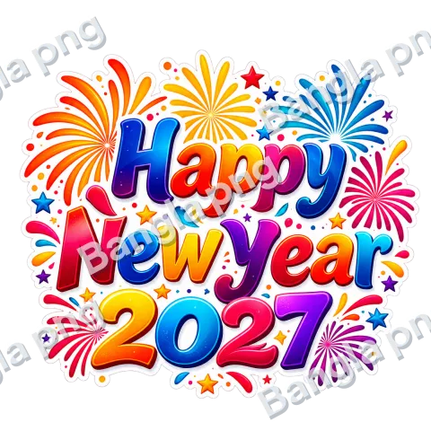 Happy New Year 2027 colorful 3D text PNG with fireworks, stars, confetti, and transparent background.