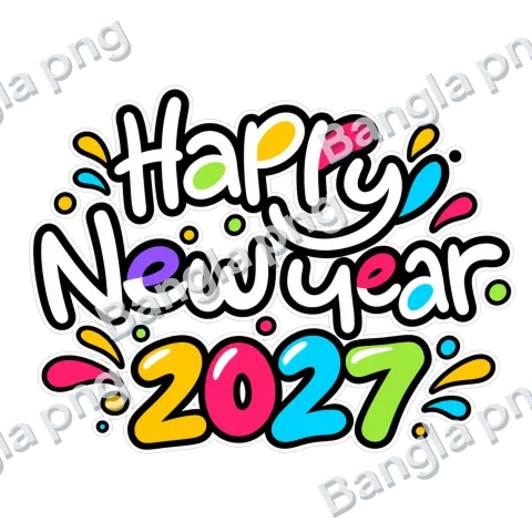 Colorful Happy New Year 2027 typography PNG with playful black lettering, vibrant multicolor accents, and transparent background.
