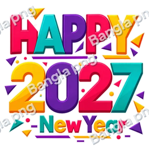 Happy New Year 2027 colorful 3D typography PNG with pink, yellow, purple, and teal letters on a transparent background.