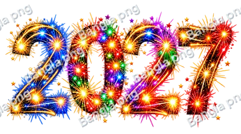 Happy New Year 2027 PNG with colorful fireworks, golden sparkling lights, rainbow effects, and transparent background.
