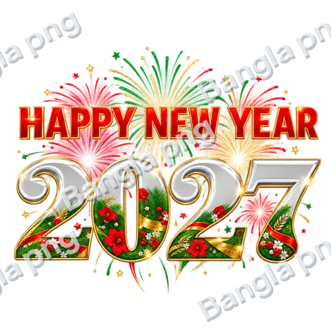 Happy New Year 2027 PNG with silver 3D numbers, red flowers, green leaves, golden ribbons, and colorful fireworks on a transparent background.