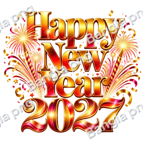 Happy New Year 2027 gold and red 3D typography PNG with sparkling fireworks, confetti, ribbons, and transparent background.