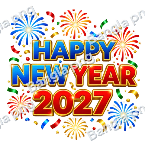Happy New Year 2027 PNG with blue and red lettering, golden outlines, colorful fireworks, stars, and festive confetti on a transparent background.