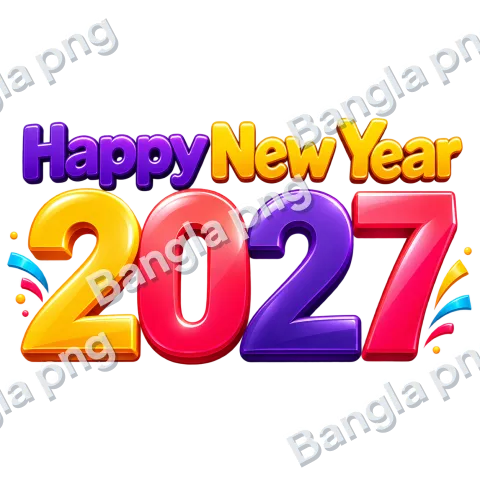 Happy New Year 2027 colorful 3D typography PNG with golden, red, purple, and pink numbers on a transparent background.