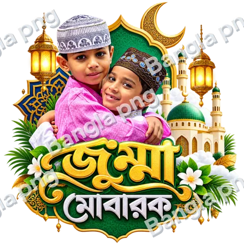 Jumma Mubarak Islamic PNG with two Muslim boys hugging, golden mosque, crescent moon, and green golden decorations on a transparent background.
