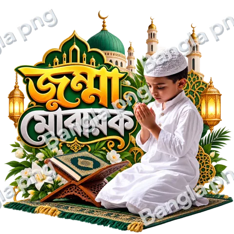 Jumma Mubarak Islamic PNG with a Muslim boy making dua, green mosque, Quran, golden lanterns, and Bengali calligraphy.