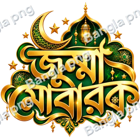 Jumma Mubarak Islamic PNG with golden Bengali calligraphy, emerald green mosque arch, crescent moon, Islamic lantern, and decorative golden stars on a transparent background.