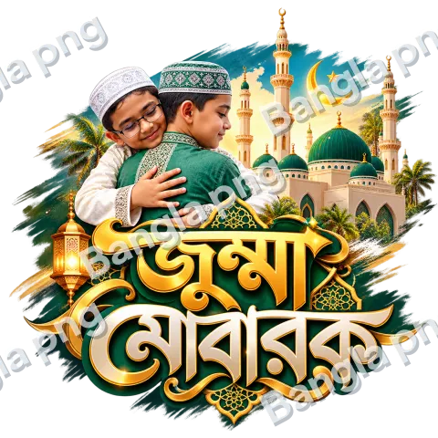 Jumma Mubarak Islamic PNG featuring two Muslim boys embracing, an emerald green mosque with golden minarets, crescent moon, glowing lantern, and decorative Bengali calligraphy.