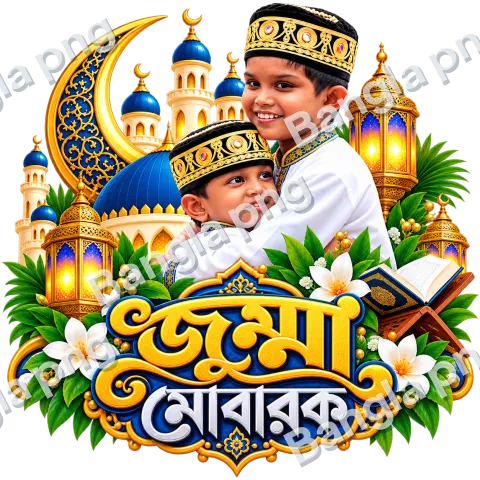 Jumma Mubarak PNG featuring two Muslim boys hugging, blue mosque, golden crescent moon, Islamic lanterns, Quran, and floral decorations on a transparent background.