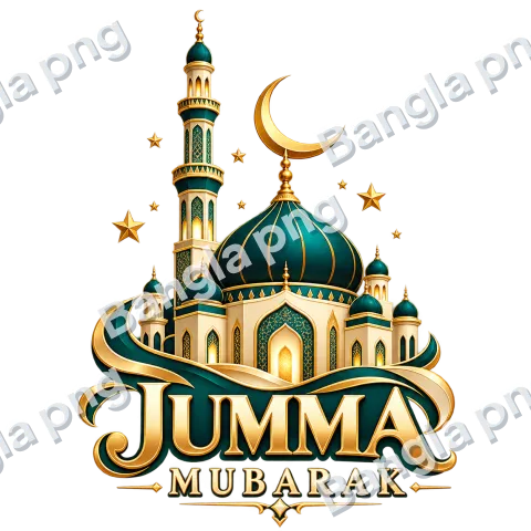 Jumma Mubarak Islamic PNG featuring an emerald teal mosque with golden domes, decorative minarets, crescent moon, golden stars, and luxury 3D typography on a transparent background.