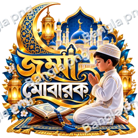 Blue and gold Jumma Mubarak PNG with Bengali Islamic calligraphy, mosque, crescent moon, golden lanterns, open Quran, and praying Muslim boy.