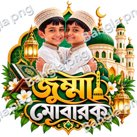 Jumma Mubarak PNG featuring two smiling Muslim boys in white Islamic clothing embracing in front of a green and golden mosque with Quran and lantern decorations.