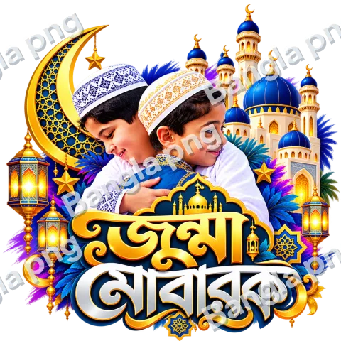 Jumma Mubarak Islamic PNG featuring two Muslim boys embracing, blue mosque domes, golden minarets, crescent moon, glowing lanterns, and Bengali golden calligraphy on a transparent background.
