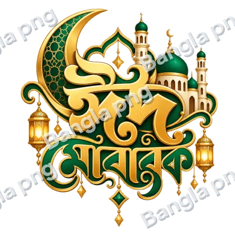 Premium Bengali Eid Mubarak typography PNG with gold lettering, emerald green Islamic crescent moon, mosque domes, and decorative lanterns.