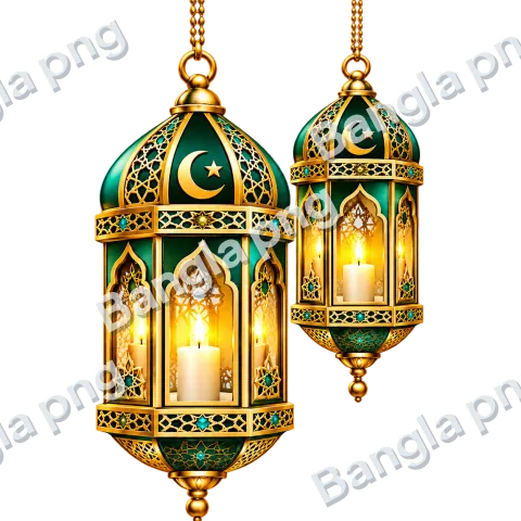 Two green and gold Islamic lanterns with crescent moons, stars, intricate patterns, and glowing candles PNG.