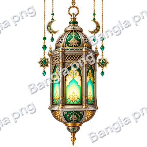 Gold and emerald green Islamic Ramadan lantern PNG with turquoise glowing glass, crescent moons, and ornate geometric decorations on a transparent