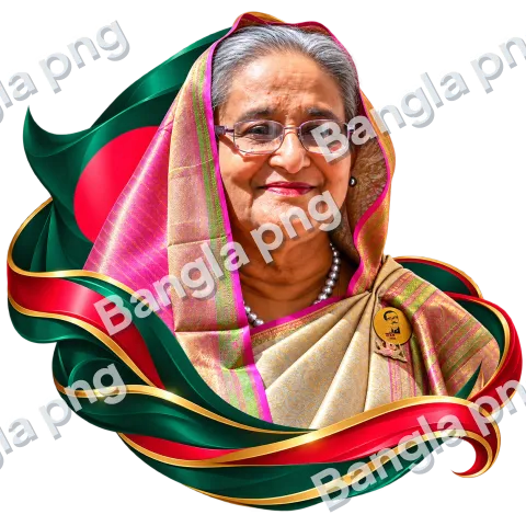Sheikh Hasina portrait wearing a traditional saree with green and red Bangladesh flag-inspired ribbons.