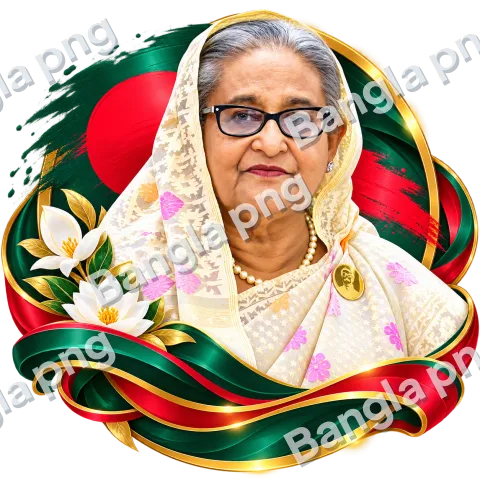 Sheikh Hasina wearing an ivory saree with gold details, white flowers, and green and red Bangladesh flag-inspired ribbons.