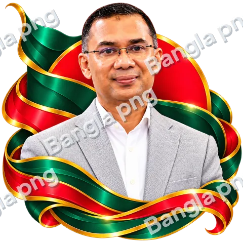 Tarique Rahman wearing a light gray blazer and white shirt, framed by green and red ribbons with gold trim.